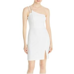 One Shoulder Beaded Side Slit Mini Sheath Cocktail Dress White Size 10 by AQUA